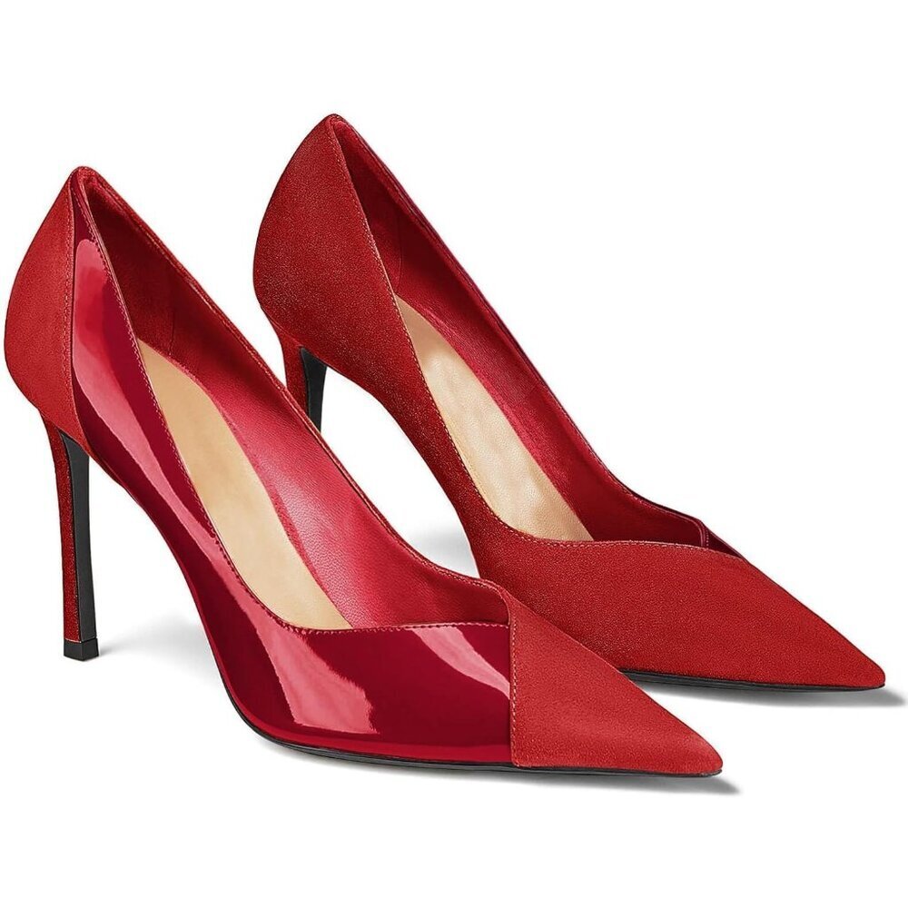 Women's Red/burgundy Pointed Toe Pumps Patent Suede Stiletto Slip On High Heels